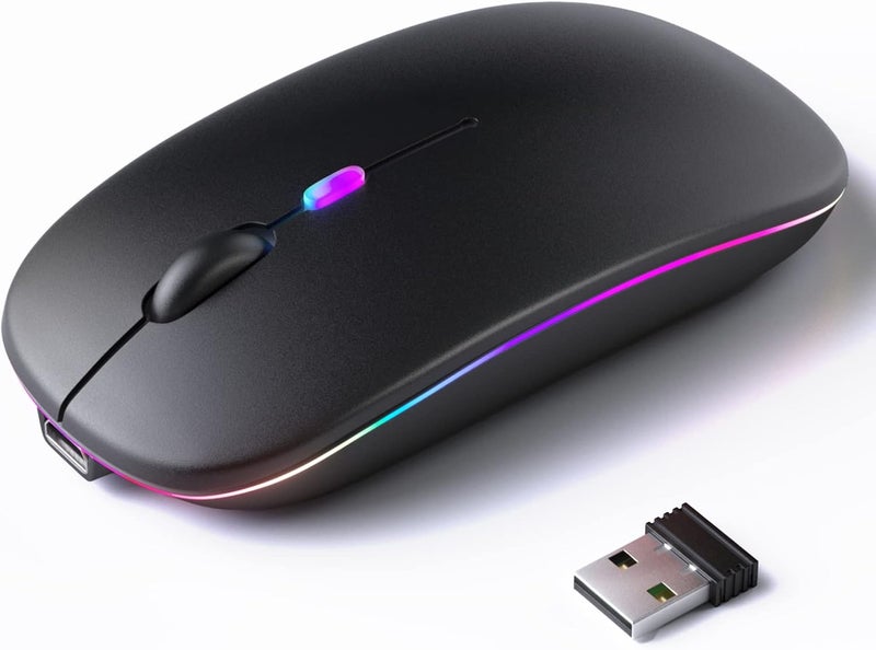 KANMABPC Wireless Bluetooth Mouse – Rechargeable, Silent, Dual Mode (Bluetooth 5.2 & USB) with LED Lights – Portable for Laptop, Desktop, & Tablet(Black) - Image 1